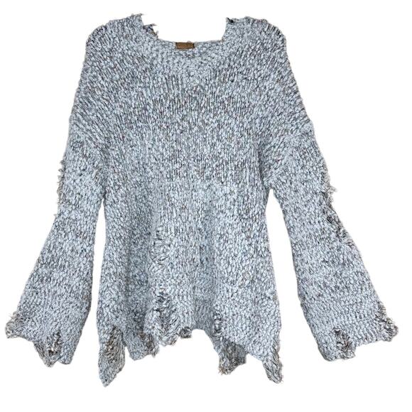 POL Distressed Confetti Knit Hooded Pullover Sweater Cottagecore Boho Chunky M - Picture 1 of 14